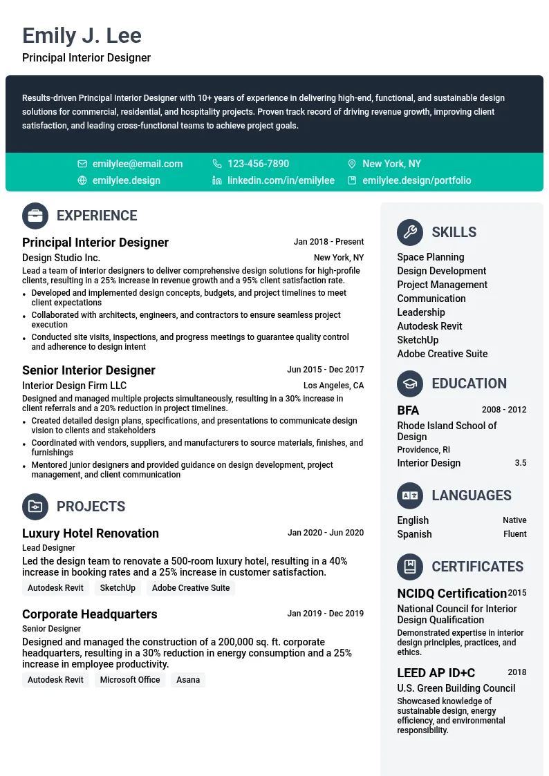 Principal Interior Designer resume example