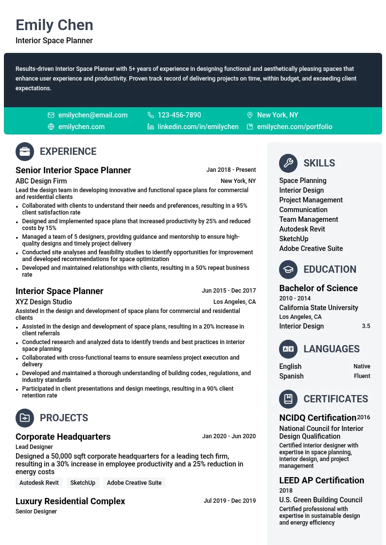 Interior Space Planner resume example