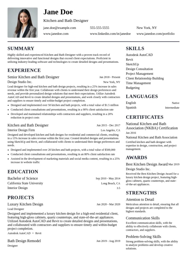 Kitchen and Bath Designer resume example
