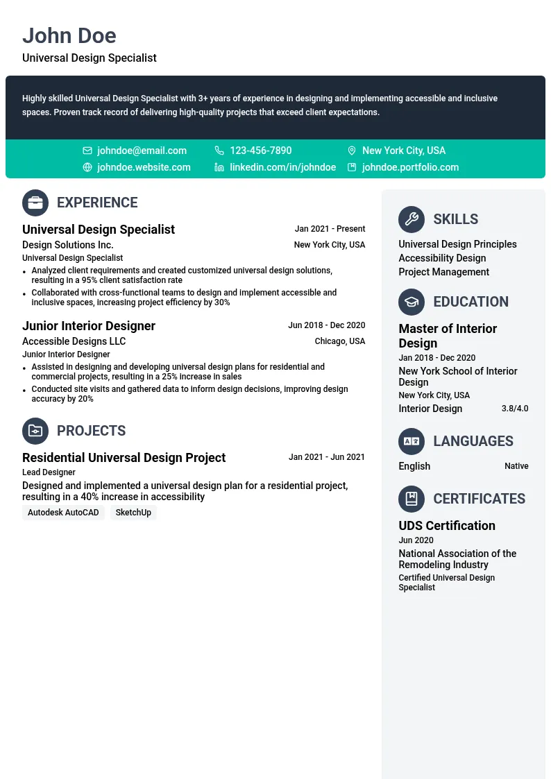 Universal Design Specialist resume example