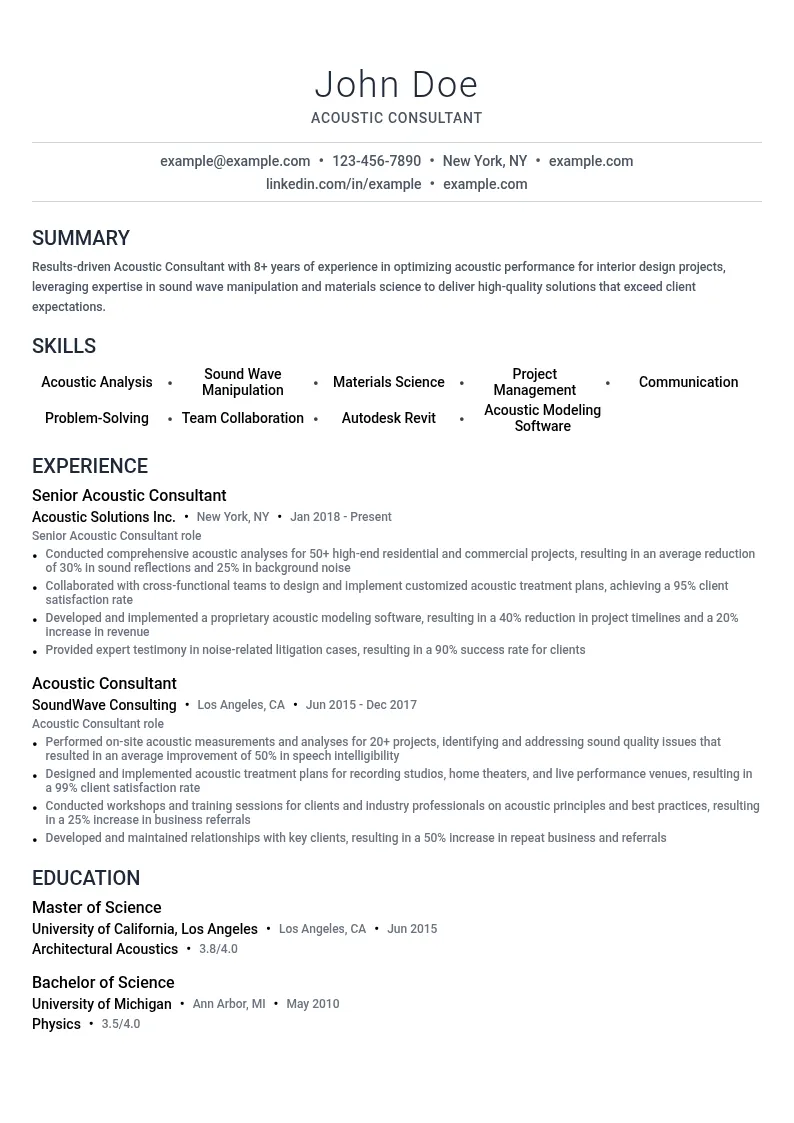 Acoustic Consultant resume example