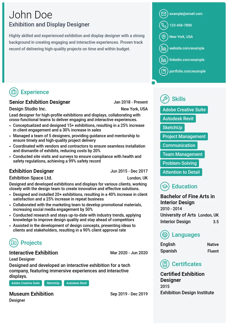Exhibition and Display Designer resume example