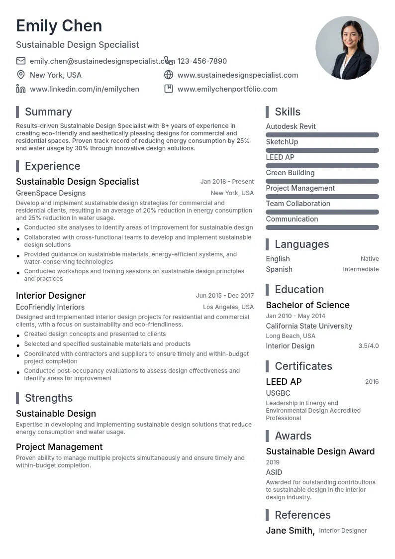 Sustainable Design Specialist resume example