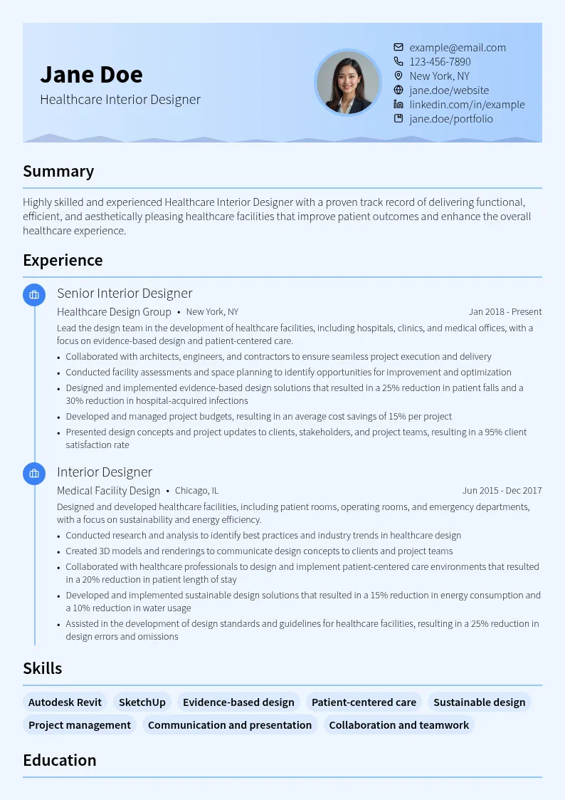 Healthcare Interior Designer resume example