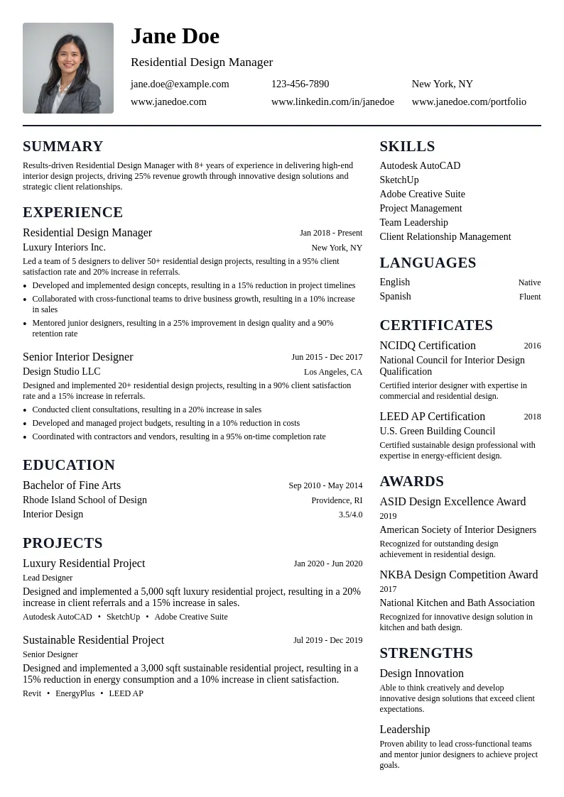 Residential Design Manager resume example