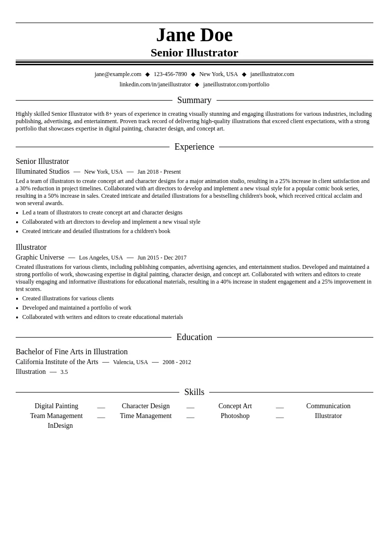 Senior Illustrator resume example