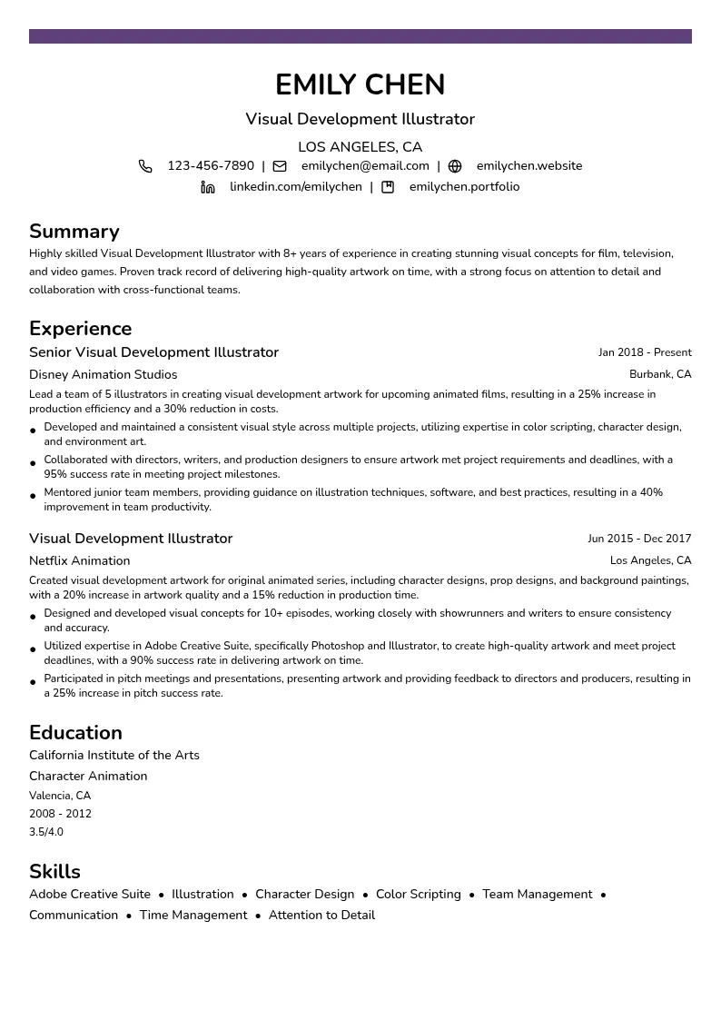 Visual Development Illustrator resume example