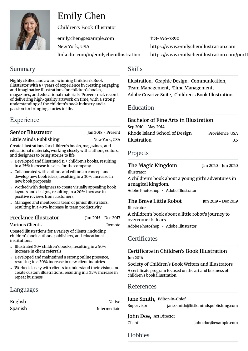 Children's Book Illustrator resume example