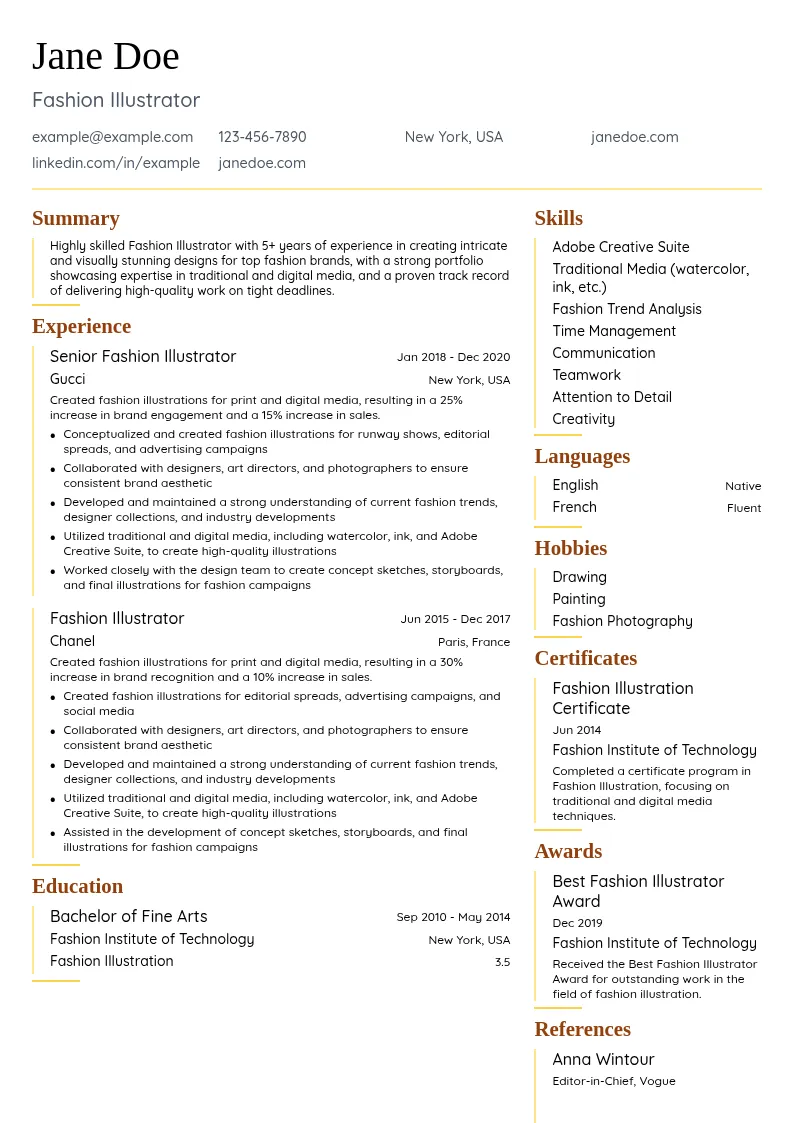 Fashion Illustrator resume example