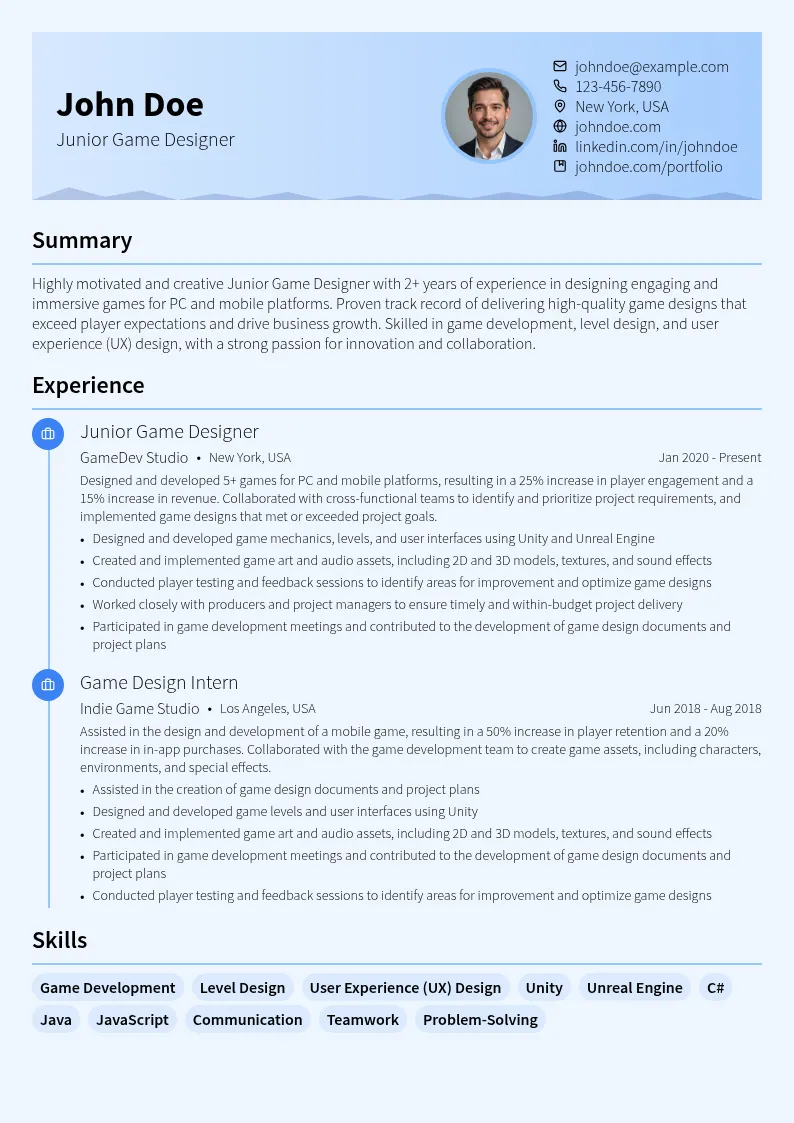Junior Game Designer resume example