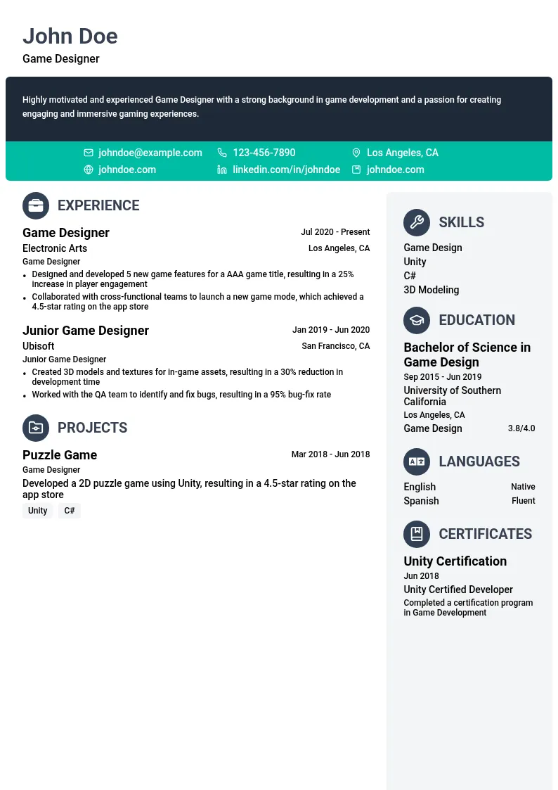 Game Designer resume example