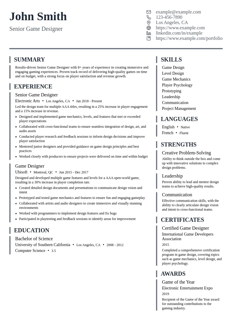 Senior Game Designer resume example