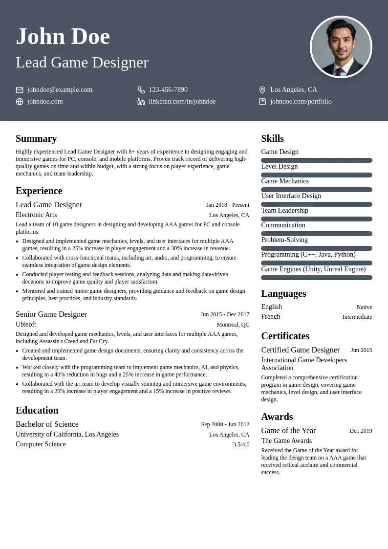 Lead Game Designer resume example