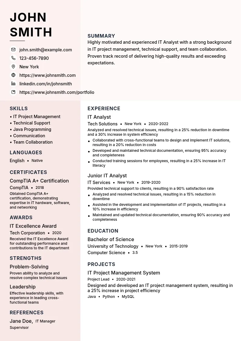 IT Analyst resume example