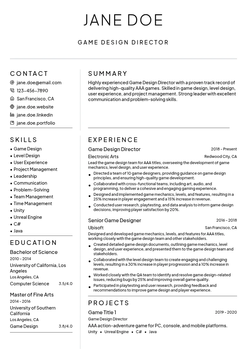 Game Design Director resume example