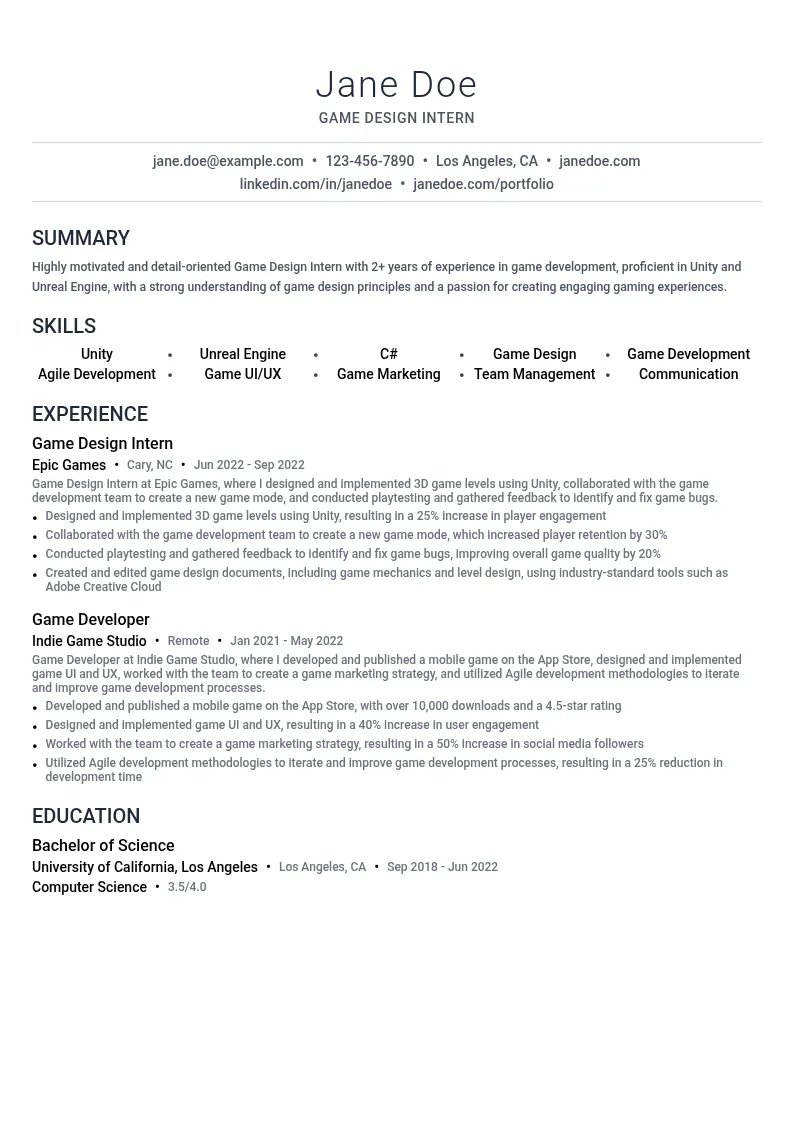 Game Design Intern resume example