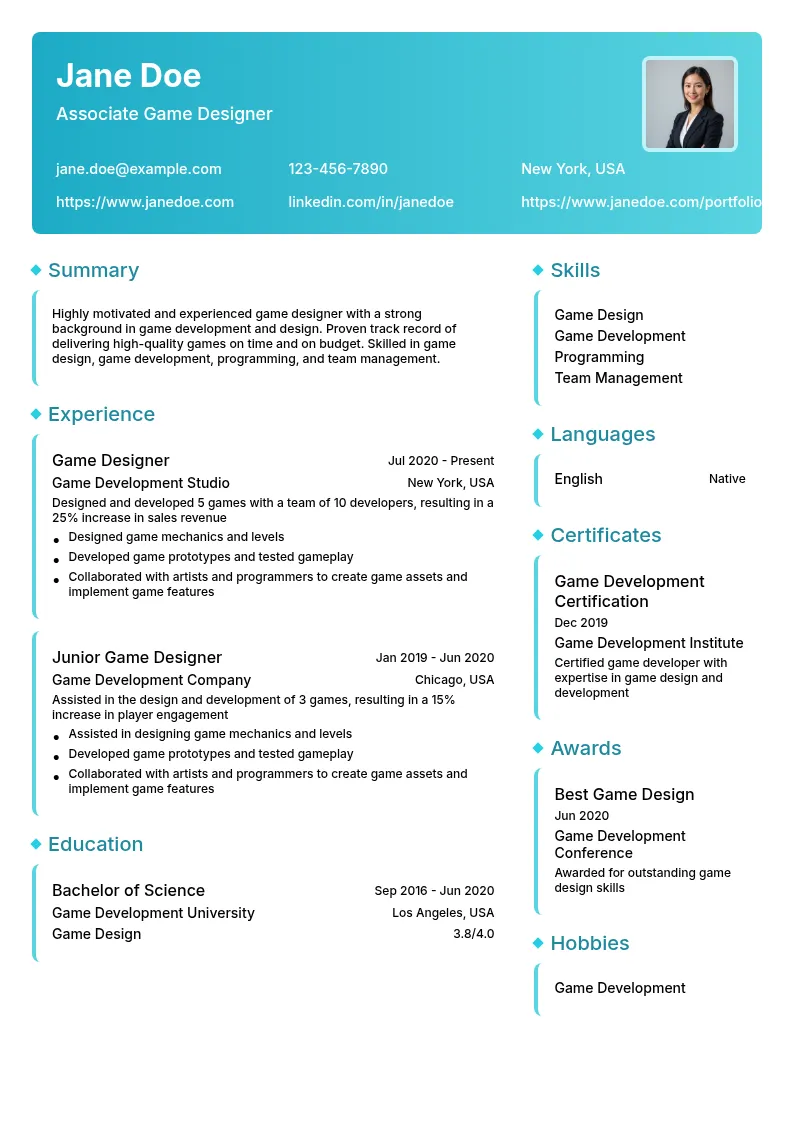 Associate Game Designer resume example