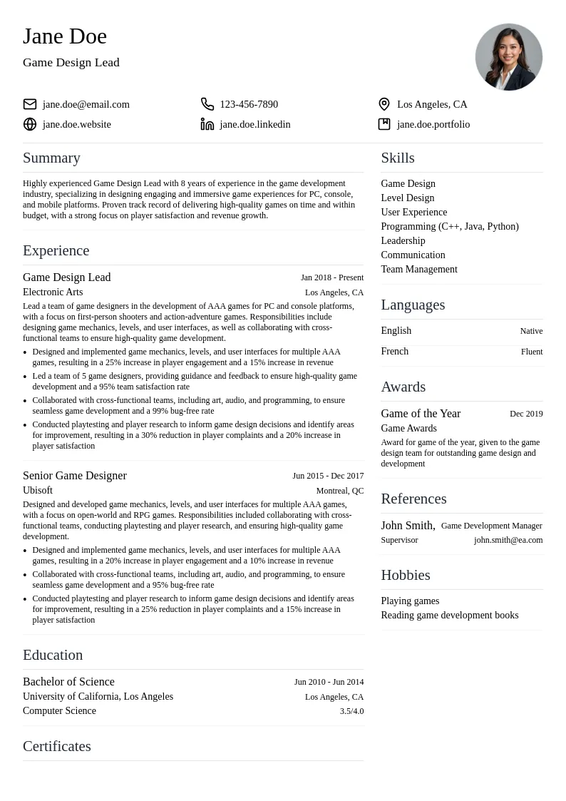 Game Design Lead resume example