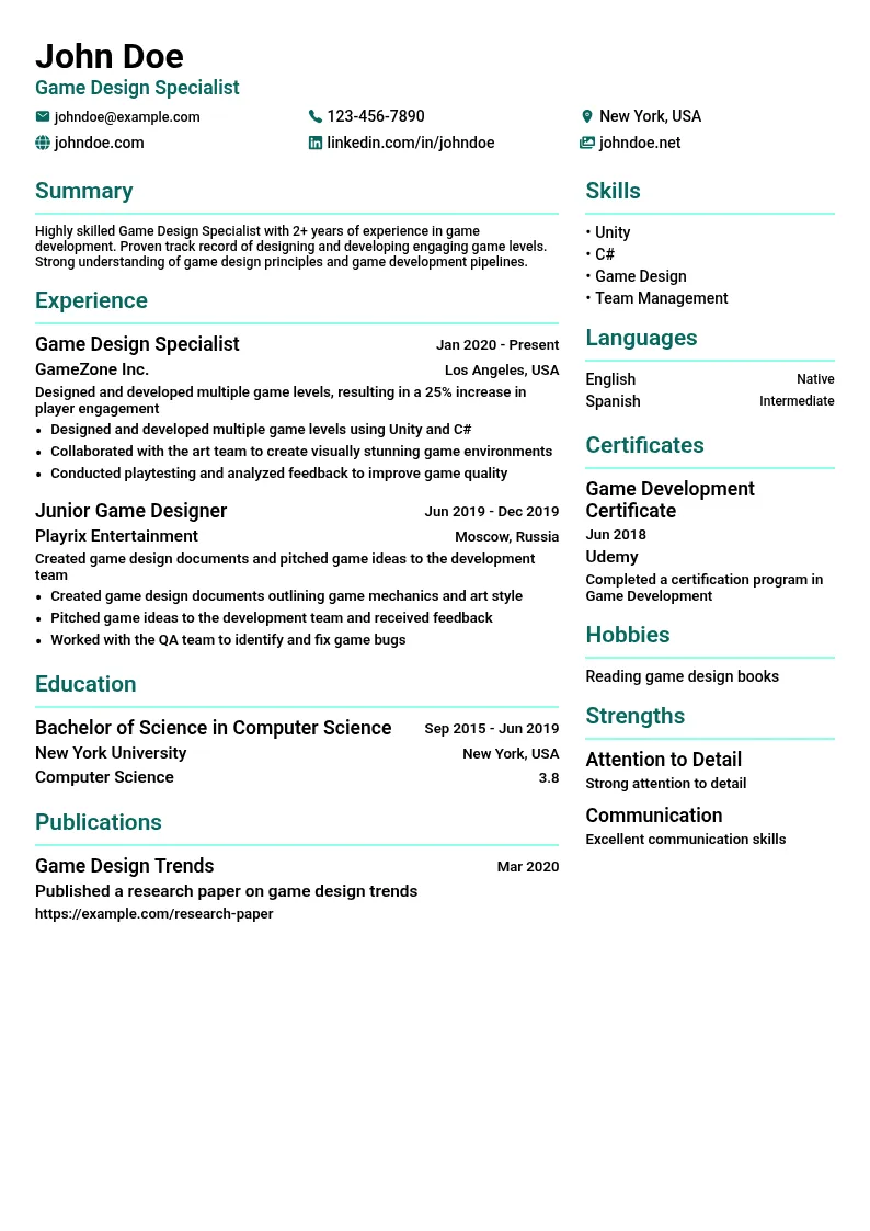 Game Design Specialist resume example