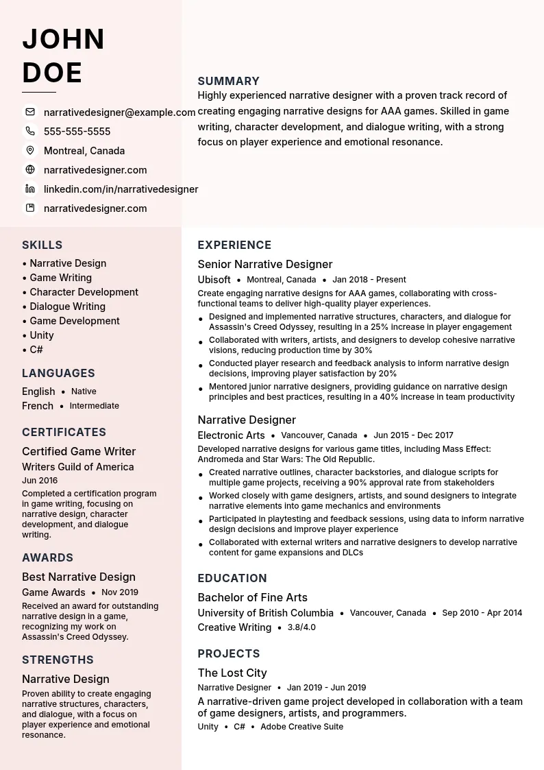 Narrative Designer resume example