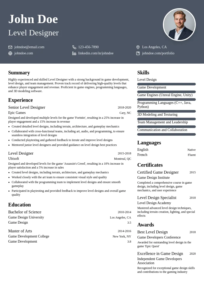 Level Designer resume example