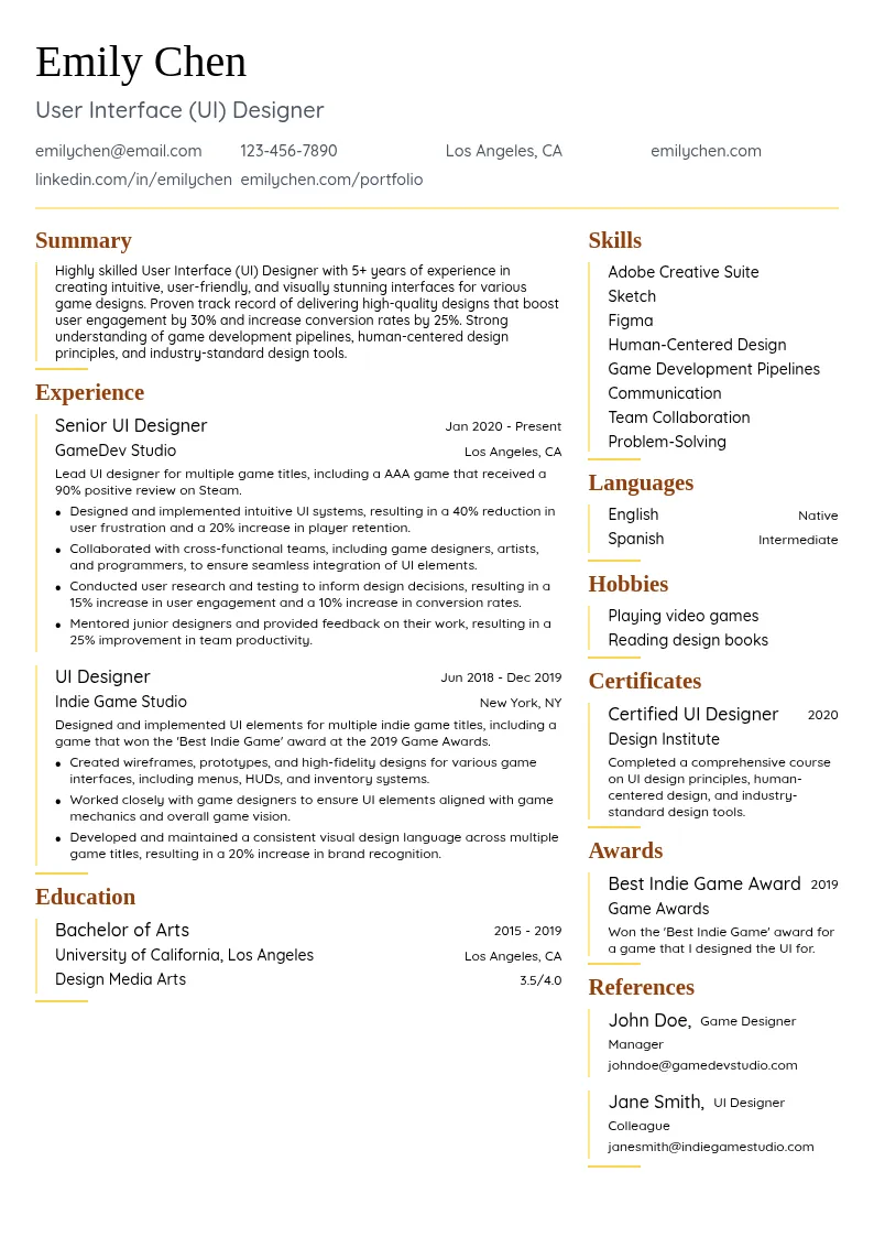 User Interface (UI) Designer resume example