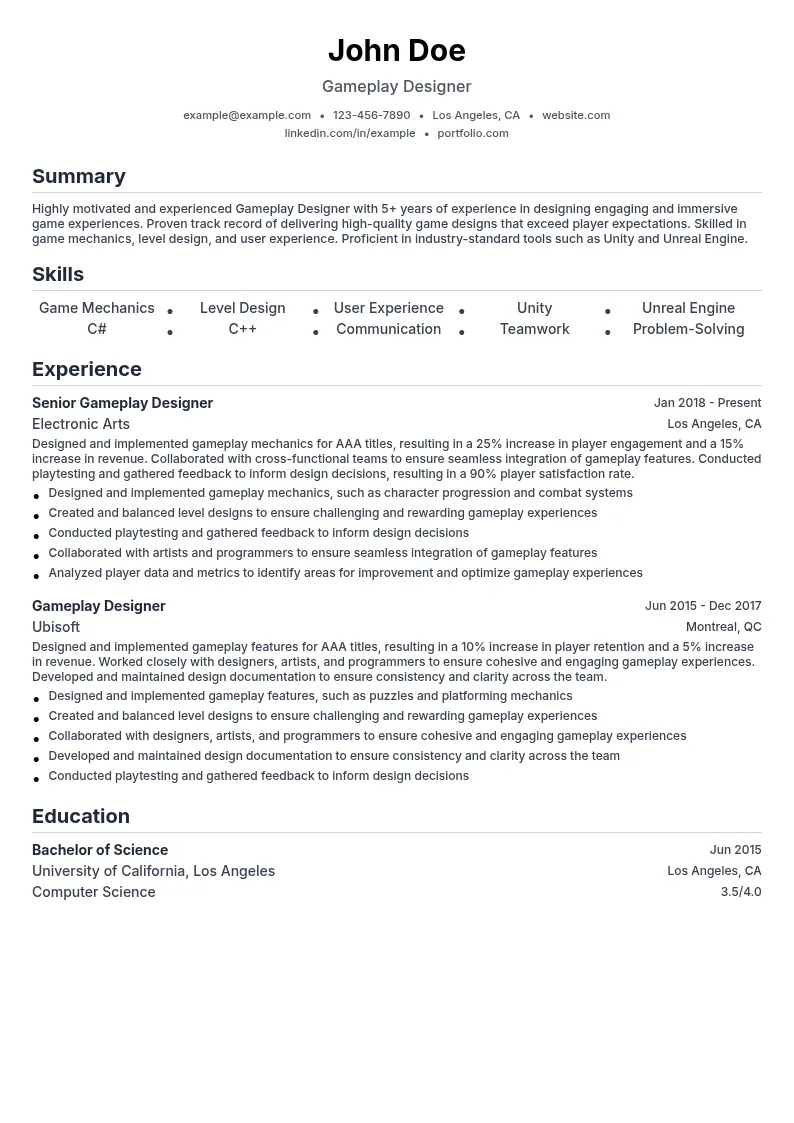 Gameplay Designer resume example