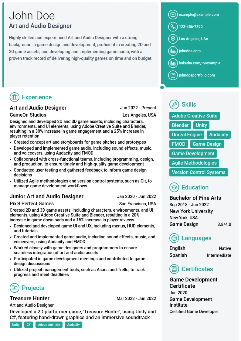 Art and Audio Designer resume example