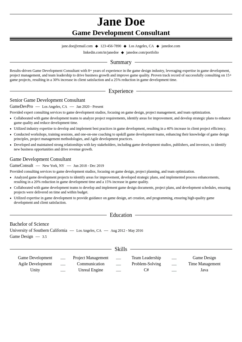 Game Development Consultant resume example