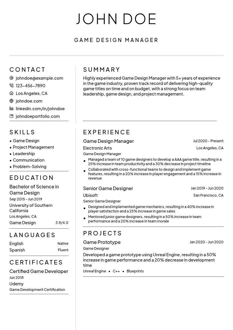 Game Design Manager resume example