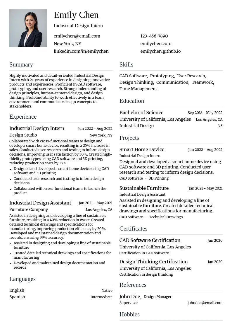 Industrial Design Intern resume example