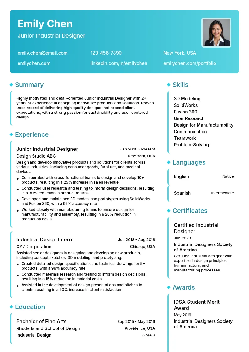 Junior Industrial Designer resume example