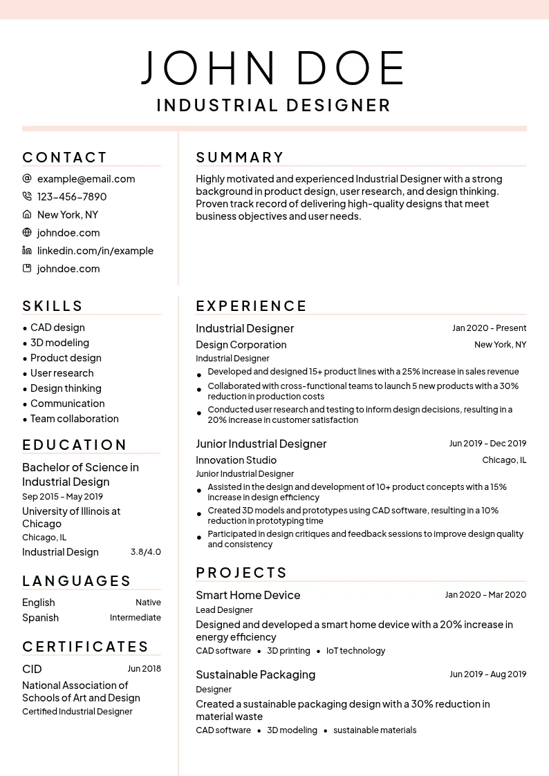 Industrial Designer resume example