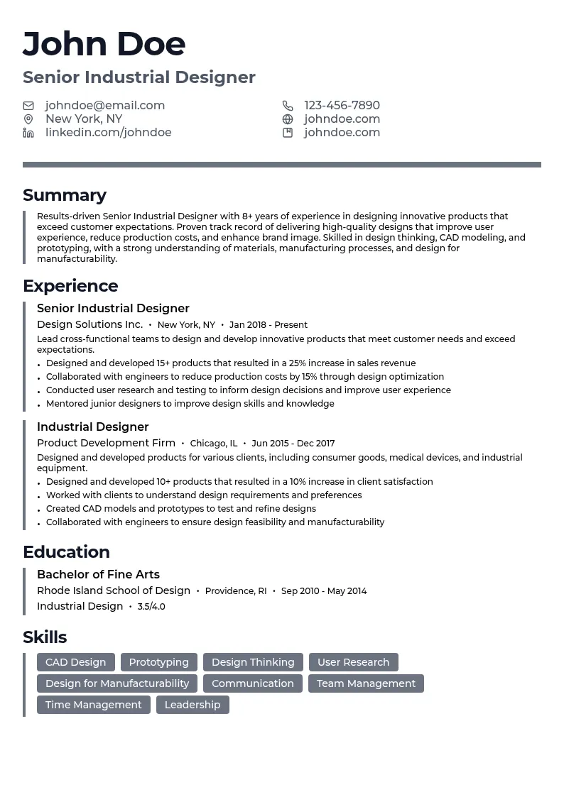 Senior Industrial Designer resume example