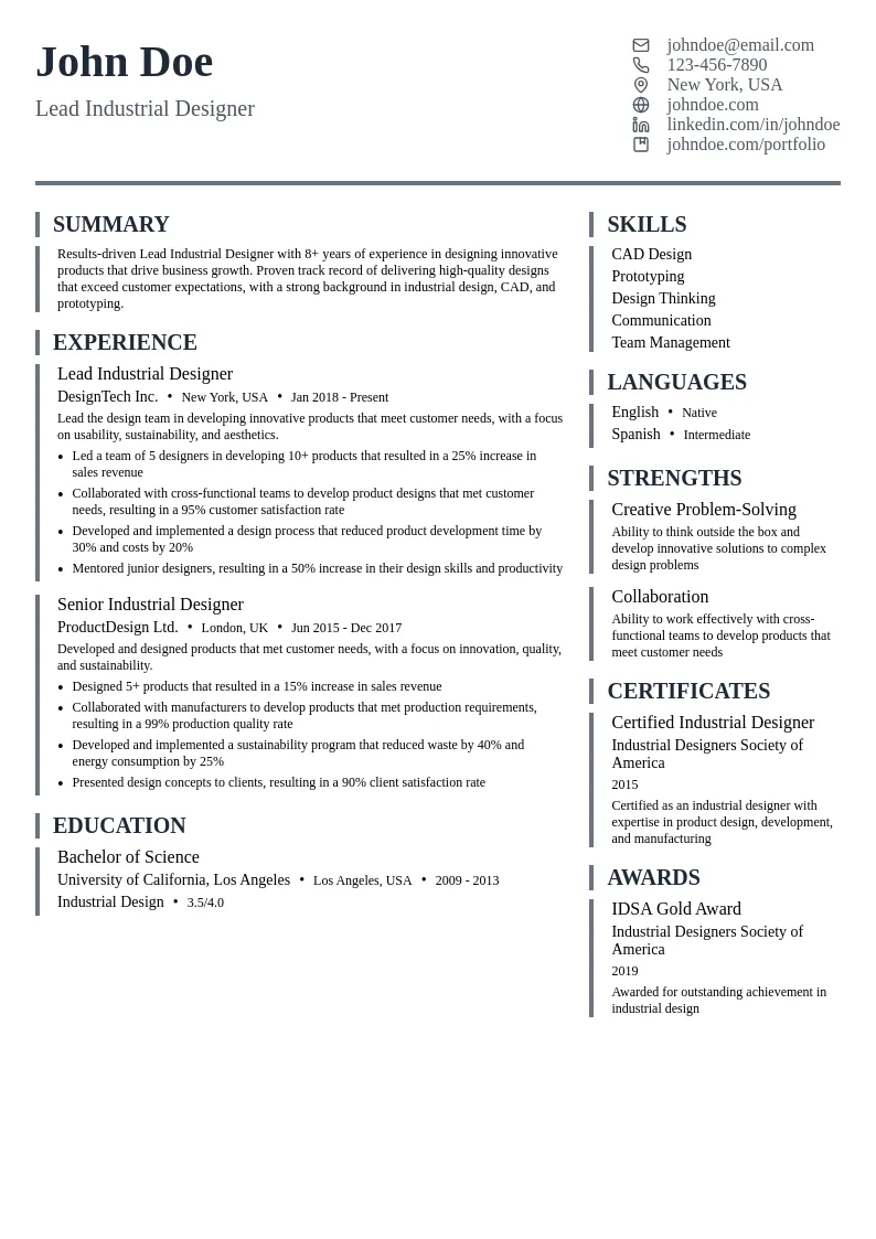 Lead Industrial Designer resume example
