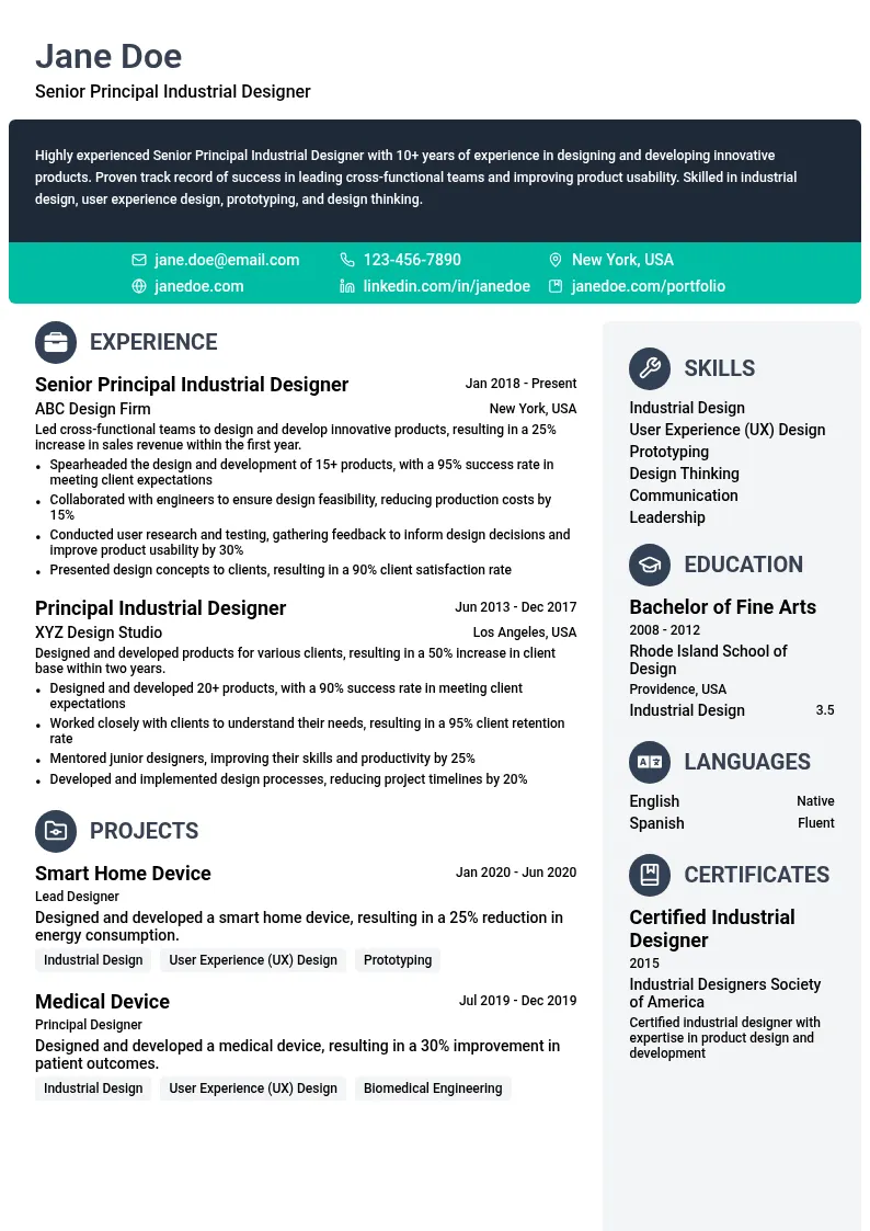 Senior Principal Industrial Designer resume example