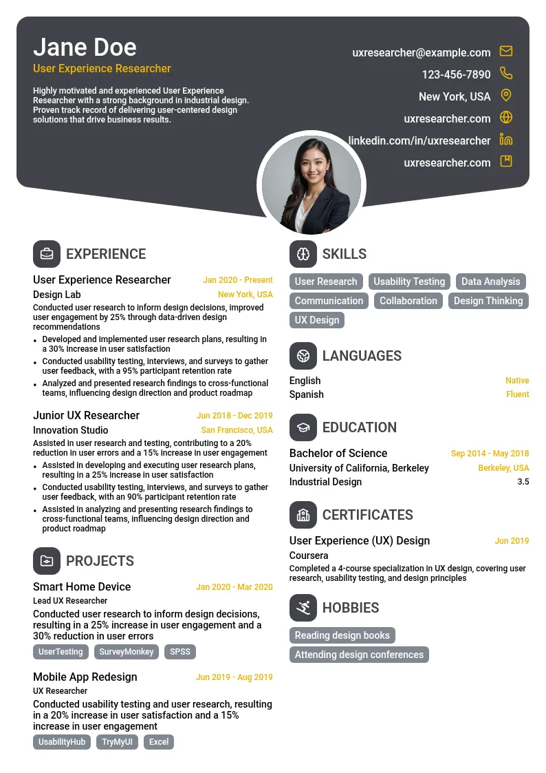 User Experience Researcher resume example