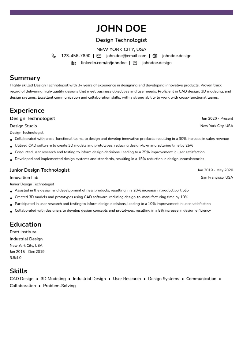 Design Technologist resume example