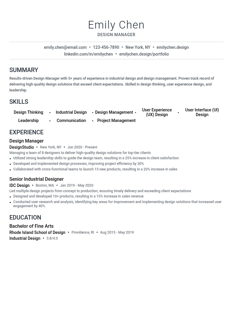 Design Manager resume example