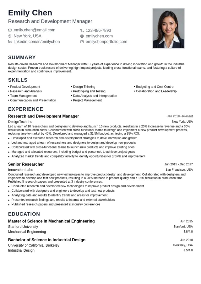 Research and Development Manager resume example