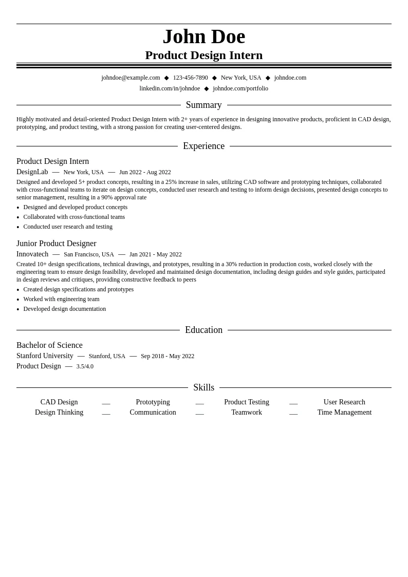 Product Design Intern resume example