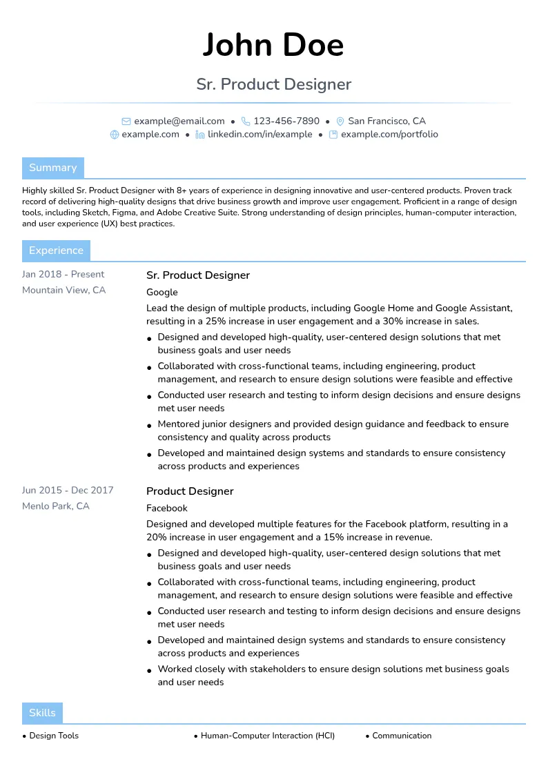 Sr. Product Designer resume example