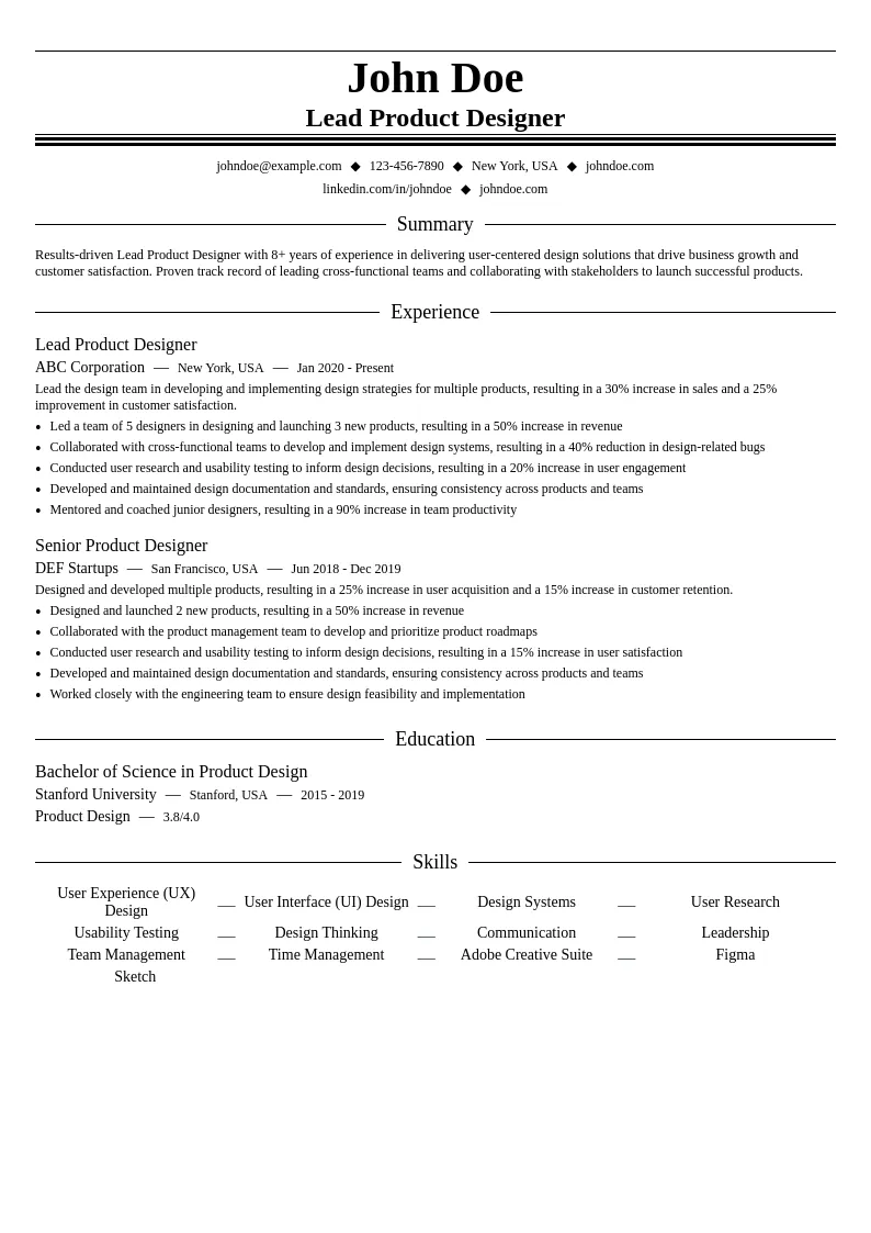 Lead Product Designer resume example