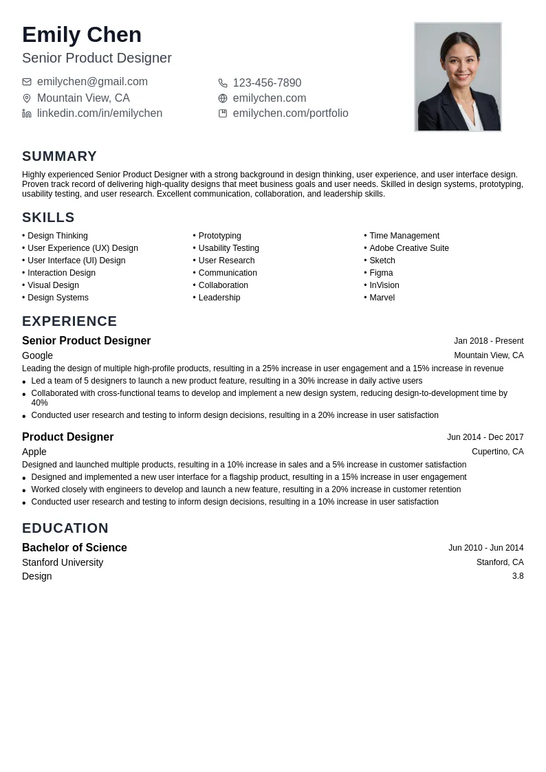 Senior Product Designer resume example