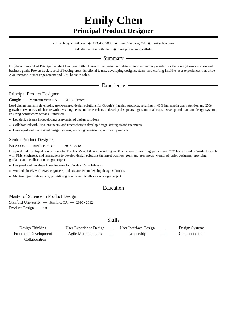 Principal Product Designer resume example