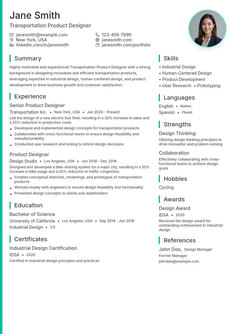 Transportation Product Designer resume example