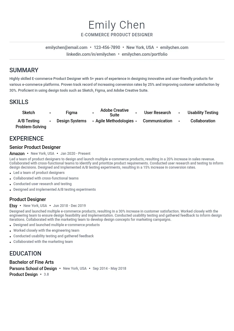 E-commerce Product Designer resume example
