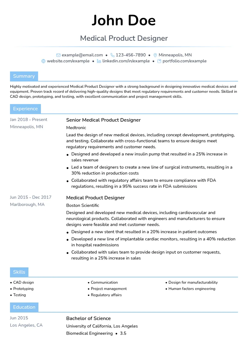 Medical Product Designer resume example
