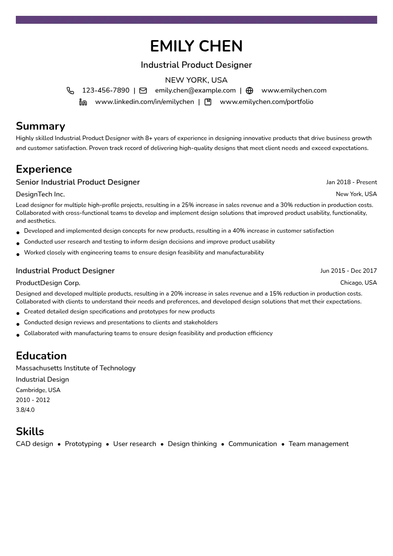 Industrial Product Designer resume example