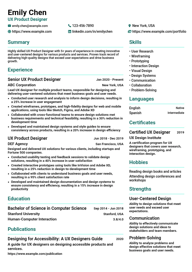 UX Product Designer resume example